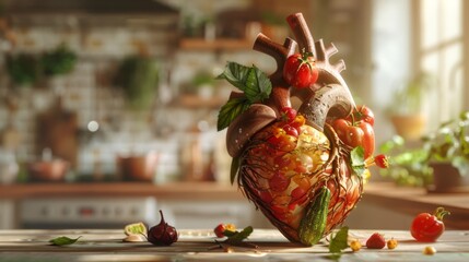 Wall Mural - Heart-Shaped Vegetable Arrangement in Rustic Kitchen - Generative AI