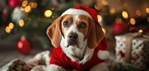 Wall Mural - Dog in Christmas clothes. Christmas. Christmas break. Christmas decorative element.