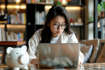 Wall Mural - A young woman wearing glasses sits at a table in a library and uses a laptop. A piggy bank is on the table next to her