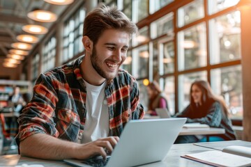 Wall Mural - A young man in a plaid shirt smiles while using a laptop in a coffee shop