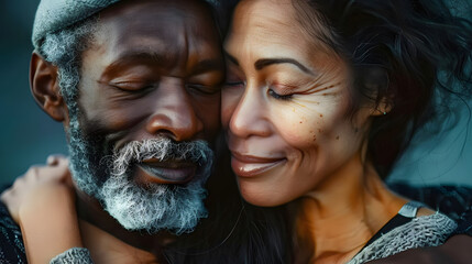 Sticker - Portrait Mature couple African American and Asian lover love and affection between individuals of different racial realistic hyperrealistic