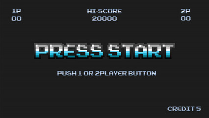 Aufkleber - PRESS START INSERT A COIN TO CONTINUE .pixel art .8 bit game.retro game. for game assets in vector illustrations.Retro Futurism Sci-Fi Background. glowing neon grid.and stars from vintage arcade comp
