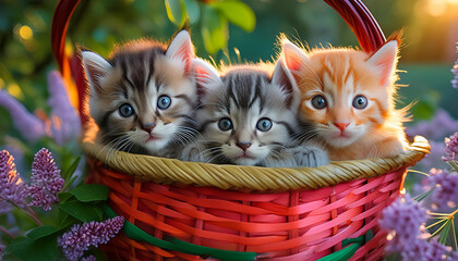 gatitos recien nacidos gatos adorables juguetones en una canasta en el jardin al aire libre disfrutando y mirando a la camara