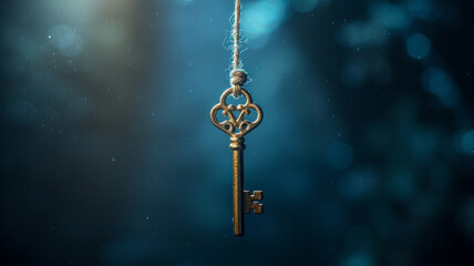 Antique brass key hanging with a glowing background.