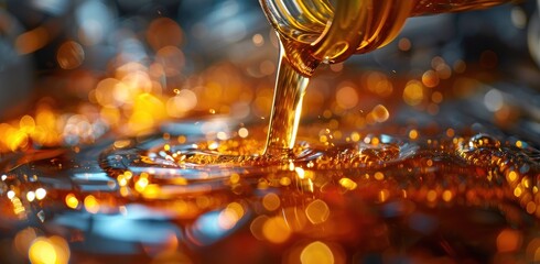 Wall Mural - Golden Liquid Pouring with a Bokeh Background