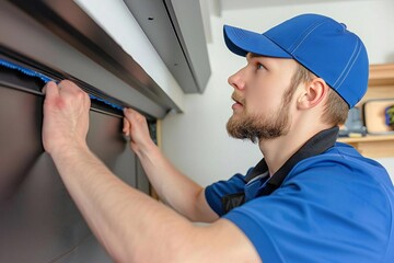 close-up photo of a mature male caucasian technician installing weather stripping on a garage door