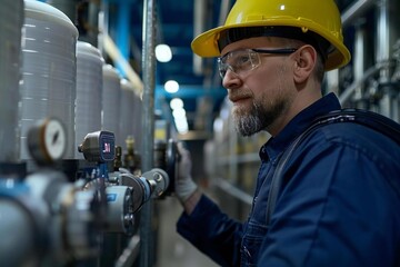 Close-up photo of mature Caucasian male engineer monitoring water quality using digital display at the water filtration system