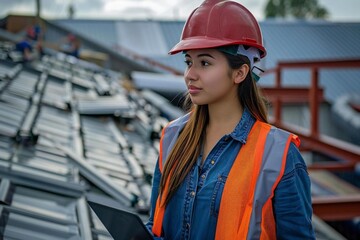 Aerial drone view of young female Hispanic roofer inspecting with tablet on commercial building roof.