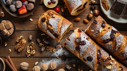 Poster - Close up image of bread with candied fruit chocolate and nuts on a wooden table