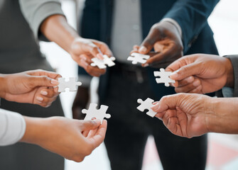 Aufkleber - Hands, business people and team with puzzle piece for solidarity, synergy and connection together. Jigsaw, group and worker with trust for collaboration, cooperation and problem solving for solution