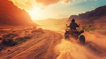 Close up of a person riding an ATV on a dirt road with flying dust, at sunset. Ai generated image