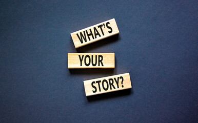 Fototapete - Storytelling and what is your story symbol. Concept words What is your story on blocks. Beautiful black table black background. Business storytelling and what is your story concept. Copy space.