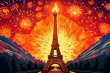 Wall Mural - Torch with Abstract Olympic Flame on Eiffel Tower, Paris, France - symbol of the Olympic Games