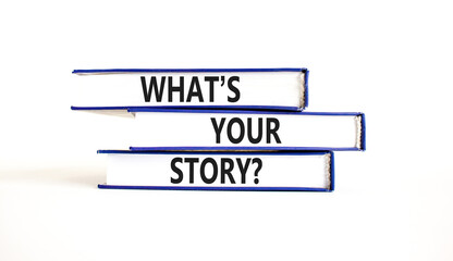 Fototapete - Storytelling and what is your story symbol. Concept words What is your story on beautiful books. Beautiful white table background. Business storytelling and what is your story concept. Copy space.