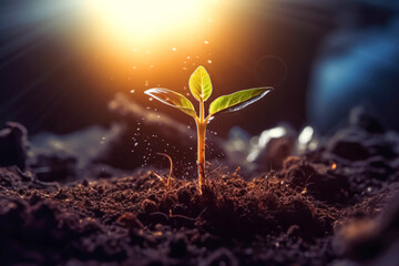 Wall Mural - A small green plant is growing in the dirt. The sun is shining on it, making it look like it's just sprouted