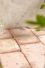 Poster - Authentic Natural Stone Texture on Beige Table in Sunlight and Shadow - Lifestyle Aesthetic Still Life