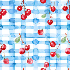 Wall Mural - Beautiful geometric seamless pattern with hand drawn watercolor blue stripes and red cherries. Stock illustration. Wallpaper design.