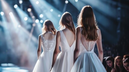 Canvas Print - Three models walk down a runway in white dresses under bright stage lights