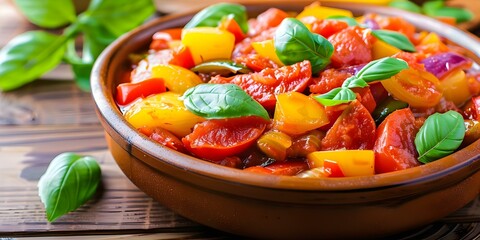 Wall Mural - Ratatouille dish with sliced vegetables and basil for text placement. Concept Food Styling, Culinary Art, Summer Recipe, Fresh Ingredients, Appetizing Dish