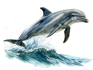 Playful Dolphin: A detailed illustration of a dolphin jumping with a white background and ample copy space, professional use of colors and proportions, sharp focus, clear light, high clarity, no