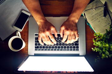 Poster - Person, night and hands above with laptop for research, typing or writing with screen at office. Top view of employee, journalist or writer on computer for email, mockup or feedback at workplace