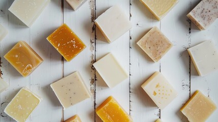 Poster - Bars of soap on a white wooden surface seen from above