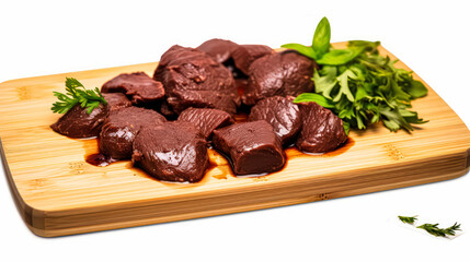 Wall Mural - Liver delicacy, smooth pieces of pork liver on a wooden board