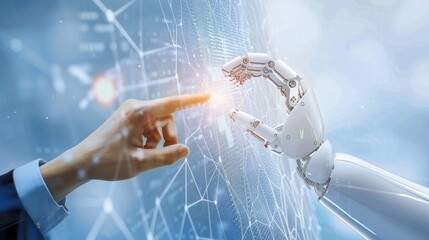 Poster - A human hand extends towards a robotic hand, both reaching for a point on a digital interface. The image represents the integration of technology and humanity in the future