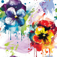 Wall Mural - Watercolor beautiful Graffiti style pansy flowers seamless pattern. Dirty colorful watercolor background. Hand drawn paint blossom flowers, leaves, brush strokes. Endless grunge textured ornaments