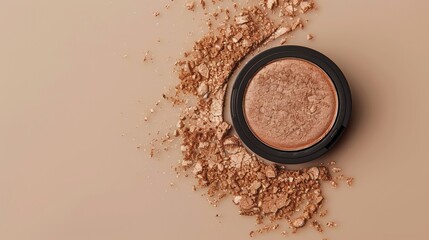 Sticker - Close Up of a Compact of Shimmery Bronze Powder Spilled on Beige Surface