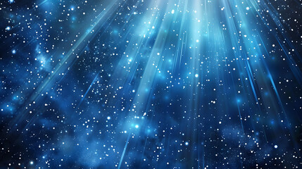 Wall Mural - Abstract blue lights and particles with rays of light on a dark background. Digital art of white light shining though the starry sky with glowing star floating in the sky. Cosmic and space. AIG53F.