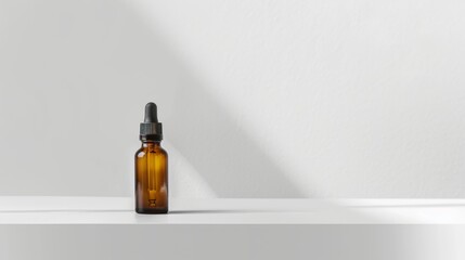 Wall Mural - Amber Glass Dropper Bottle On White Shelf Against A White Background