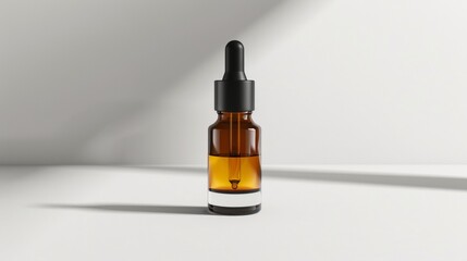 Wall Mural - Glass Dropper Bottle With Liquid on White Surface in Natural Light