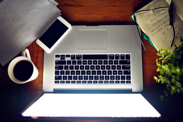 Poster - Above, laptop and keyboard on desk, workspace and documents for project, empty and mockup. Computer, top view and mug with coffee, organise for flow and effective setup for creative and startup