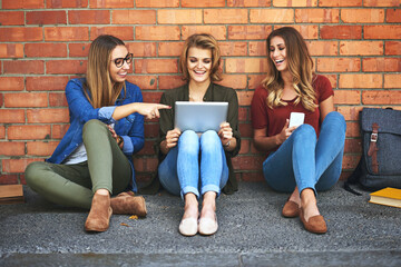 Aufkleber - University, students and friends on tablet and wall background for research, reading and collaboration on floor. Young people or girl with digital technology for e learning or social media in college
