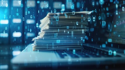 Poster - Stack of financial document paper management or marketing customer data arrangement with blue filter color. Close up of paperwork or customer information. Innovation and technology concept. AIG53F.