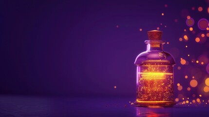 Potion bottle Halloween decoration with glowing liquid on a purple background with copy space