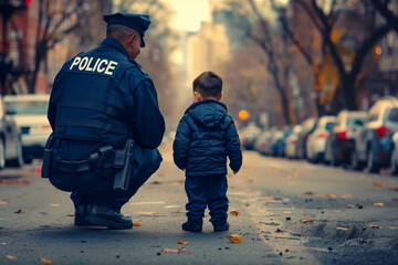 Back view of friendly male police officer interacting with small toddler child in street