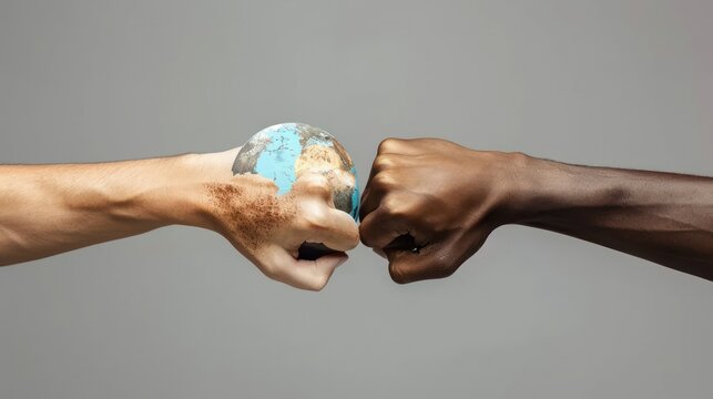 two arms with different race skin colors multinational friends antiracism issue help together buddies world globe, integration giving fists bump. isolated grey ackground