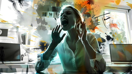 Woman Screaming Stress Abstract Artwork Emotional Expression Office Chaos