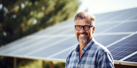 Wall Mural - Smiling adult man male standing at solar panel. Alternative electricity power energy promotion scene