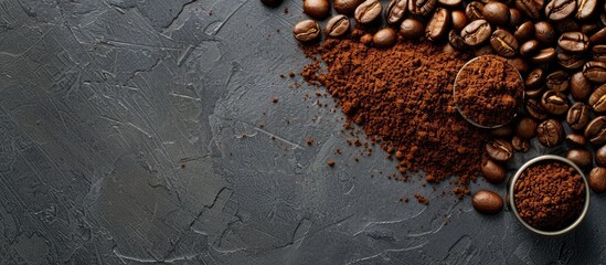 Wall Mural - Roasted and ground coffee beans on a gray surface with space for text. View from above.