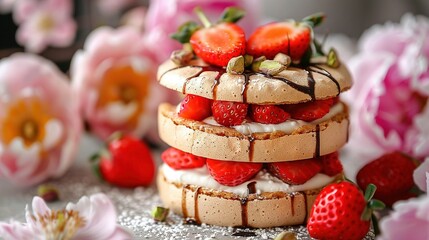 Wall Mural -   A high-resolution image shows a close-up of a strawberry-topped cake on a wooden table surrounded by colorful flowers
