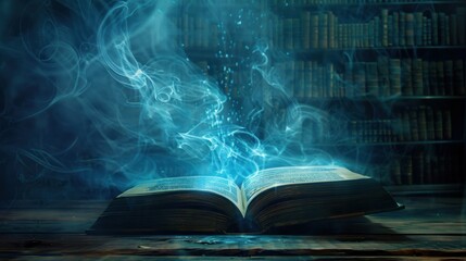 A mystical book radiates with an ethereal blue glow amid mysterious wisps of smoky vapor. Enchanted Glowing Book