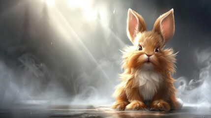   A brown and white rabbit sits atop a wooden floor beside a puddle of water, bathed in a beam of sunlight