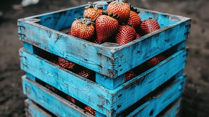Wall Mural -   A blue crate overflowing with strawberries sits atop a dirt floor, surrounded by a serene landscape with a graceful white bird perched in the distance