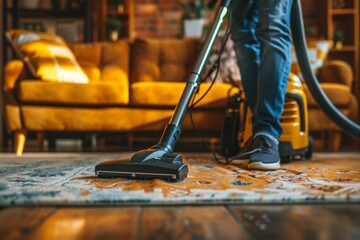 modern cleaning with a person vacuuming a stylish interior,