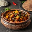 © MrHamster - Delicious and hearty stew with meat, beans, vegetables and spices in a rustic brown pot. Closeup of a flavorful and aromatic stew.