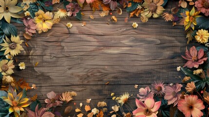 Canvas Print - Autumn leaves adorned the wooden board creating a colorful floral backdrop with space for seasonal postcards