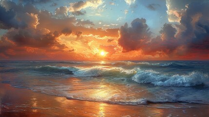 Colorful sunset over ocean. Sunset on the beach. Sunrise over the sea. Panorama